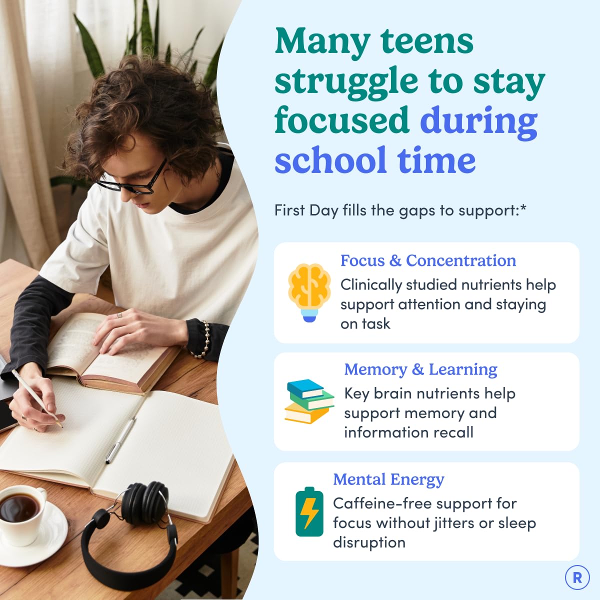 First Day Teens Daily Focus dietary supplement showing apple flavor details