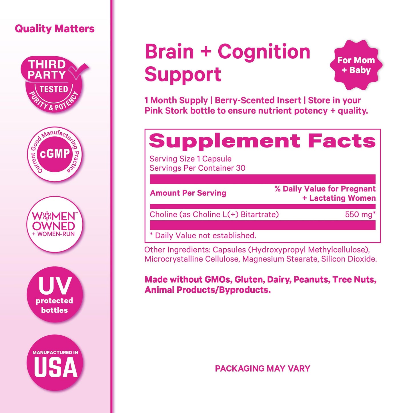 Side view of Pink Stork prenatal choline bottle