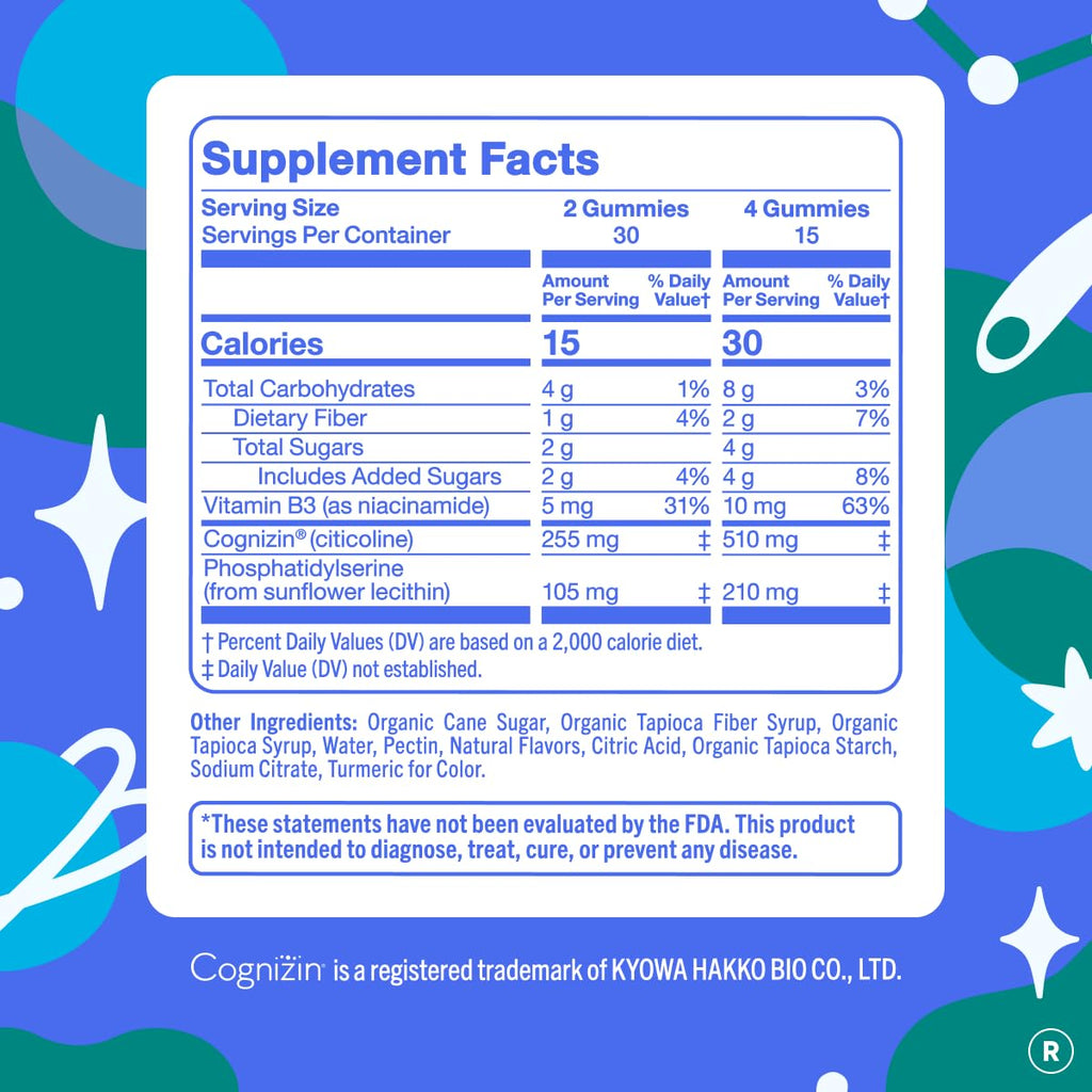 First Day Teen cognitive health gummies back label listing Cognizin and Phosphatidylserine ingredients