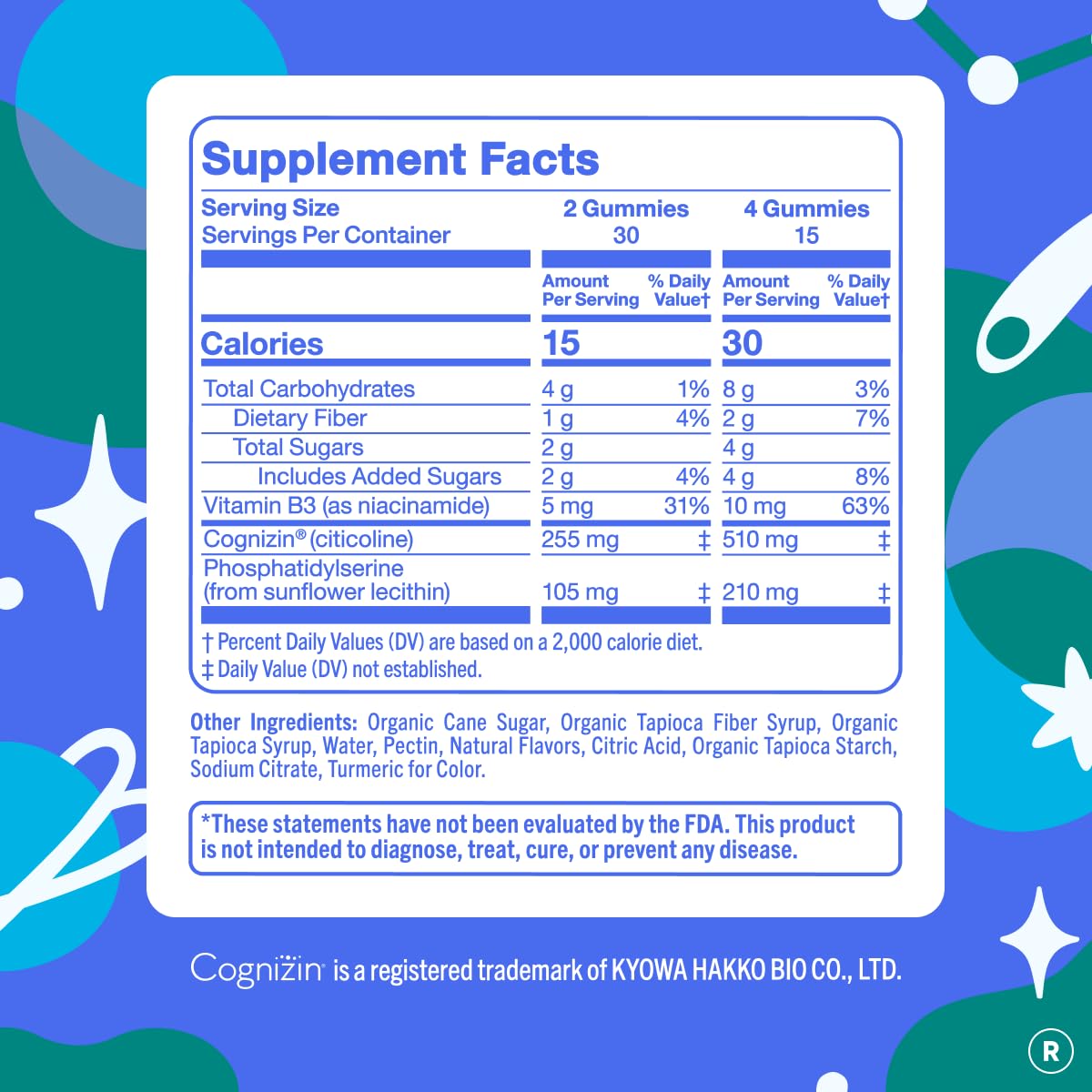 First Day Teen cognitive health gummies back label listing Cognizin and Phosphatidylserine ingredients