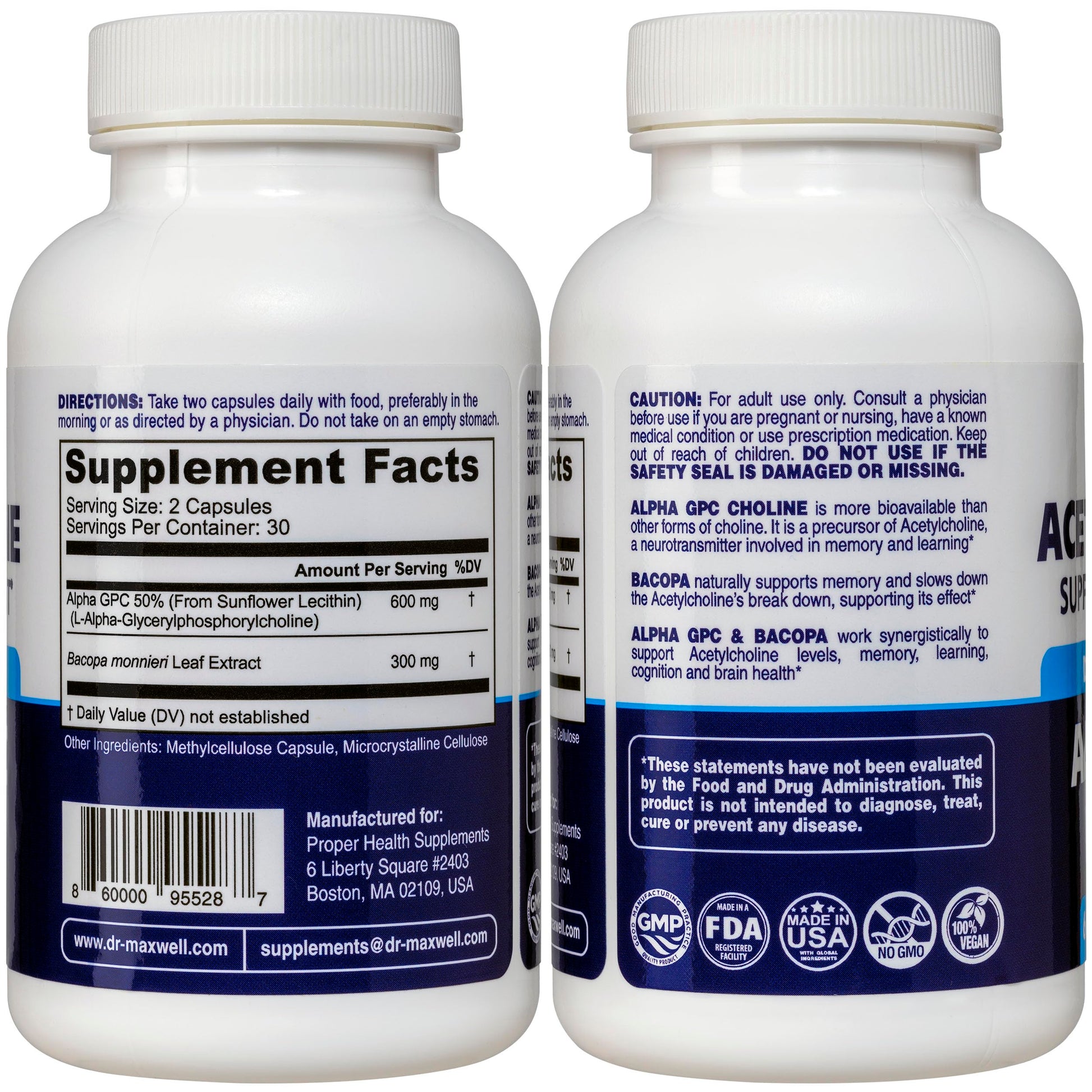 Dr. Maxwell 600mg Alpha GPC and Bacopa supplement label