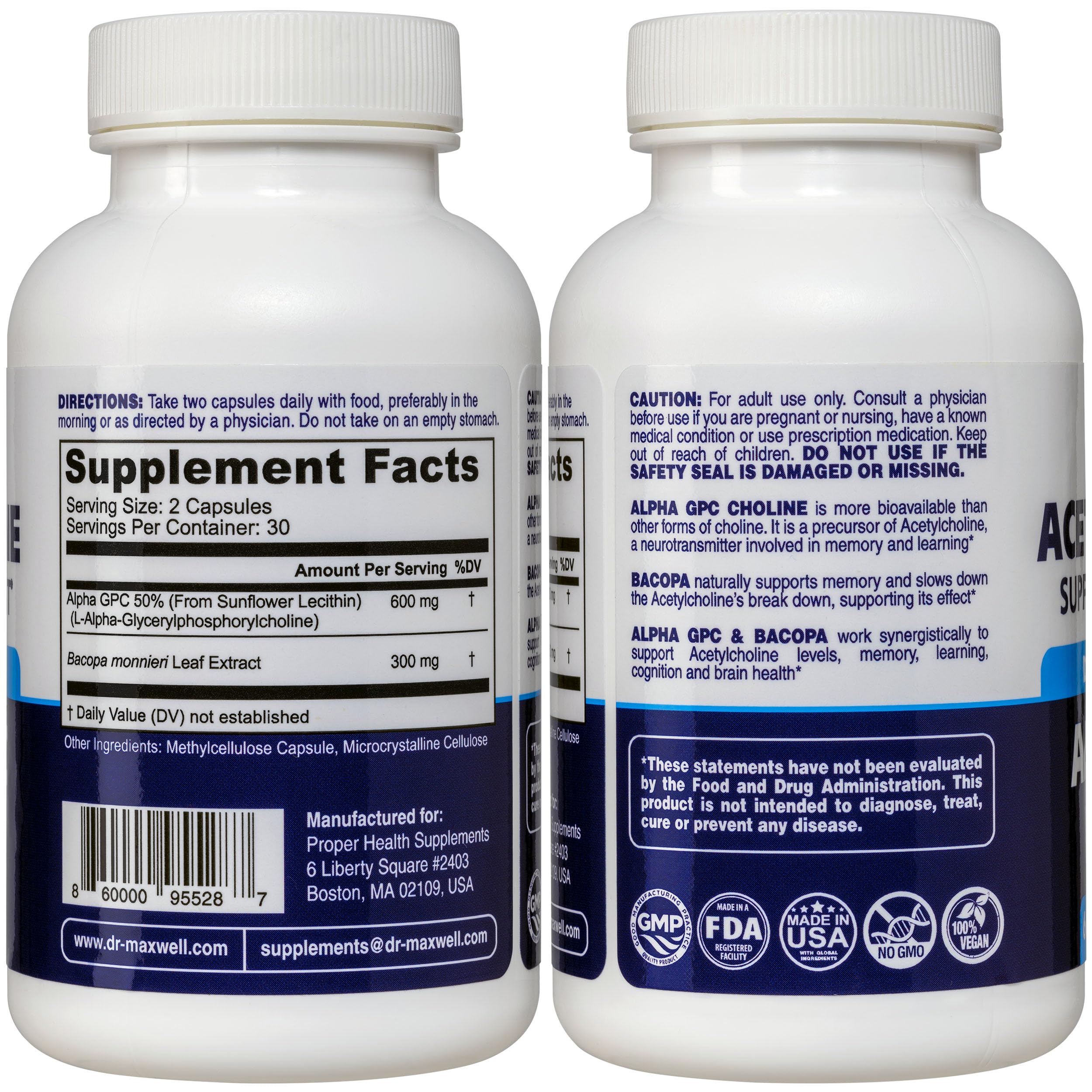 Dr. Maxwell 600mg Alpha GPC and Bacopa supplement label