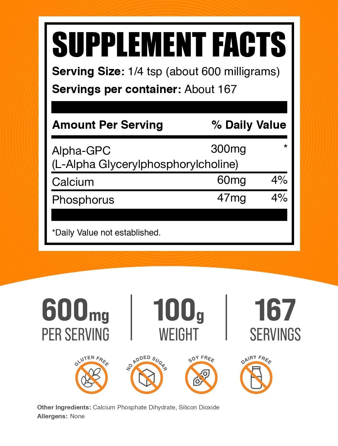 Close up of BulkSupplements Alpha GPC nutrition facts label