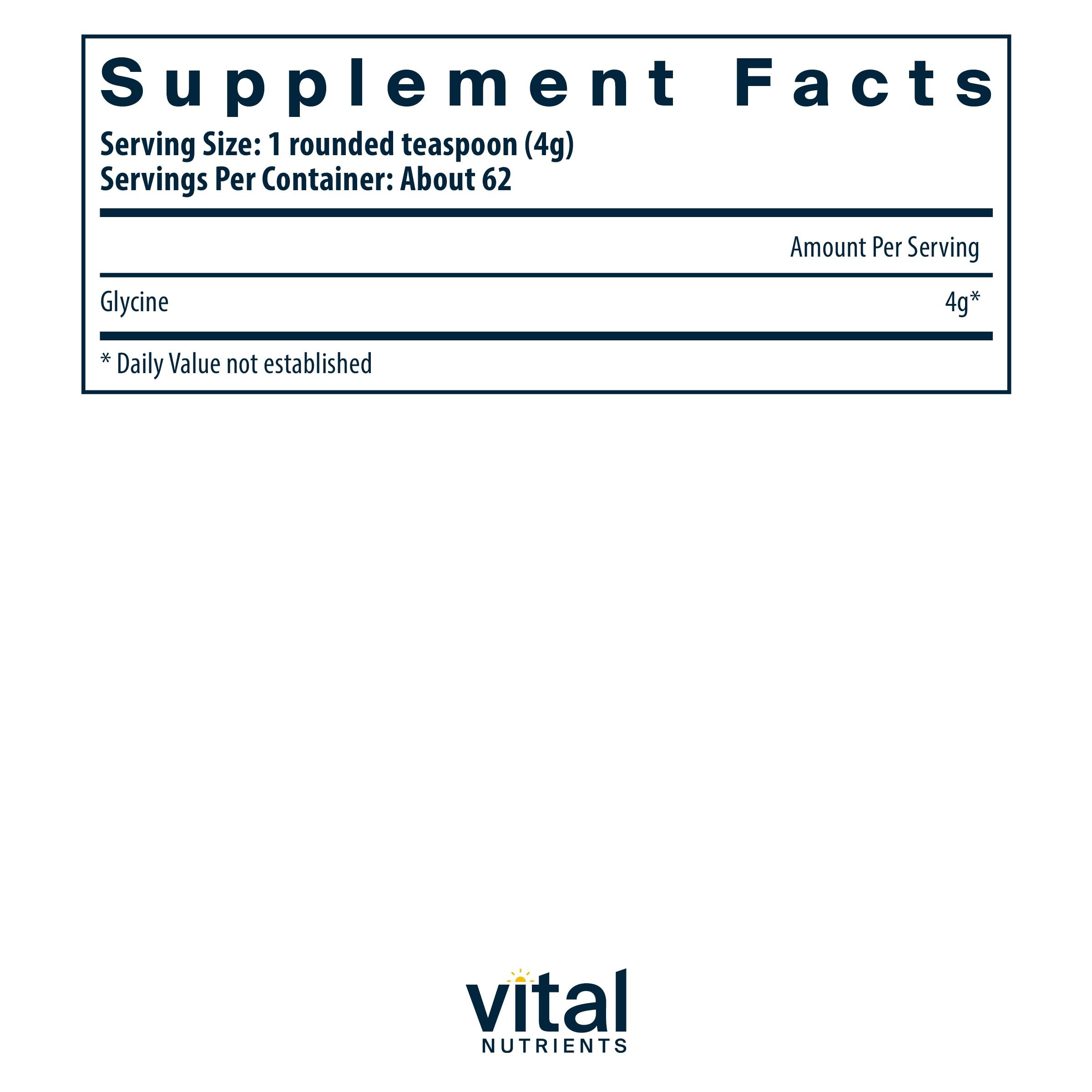Vital Nutrients Glycine Powder nutritional information label