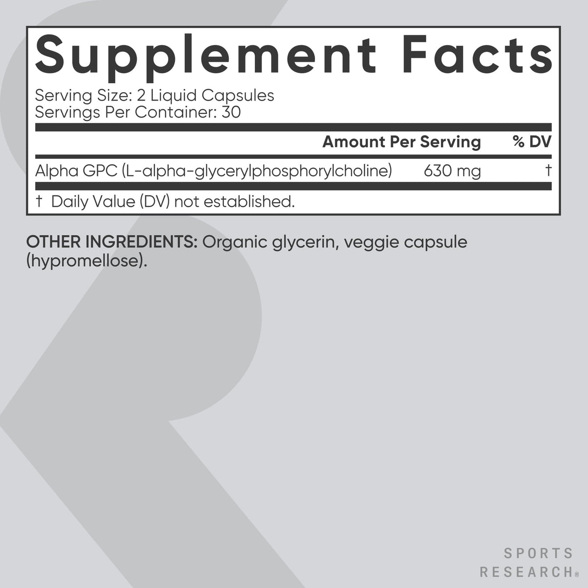 Sports Research Alpha GPC nutritional facts label