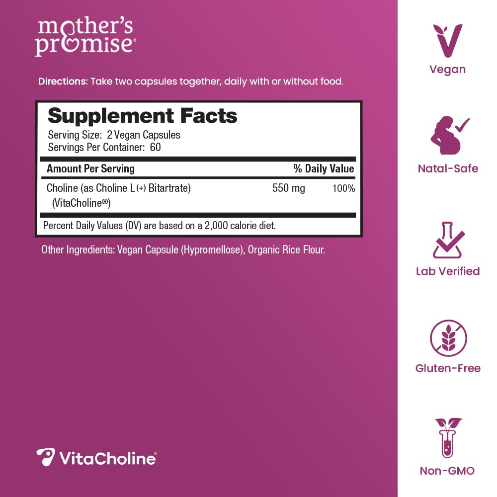 Close up of Mother's Promise Choline supplement label and dosage