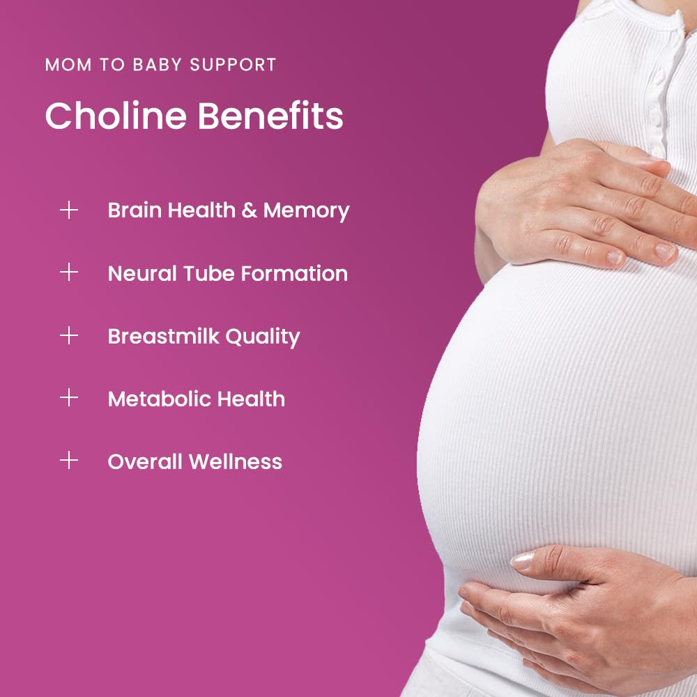 Back of bottle showing Mother's Promise prenatal choline nutritional information