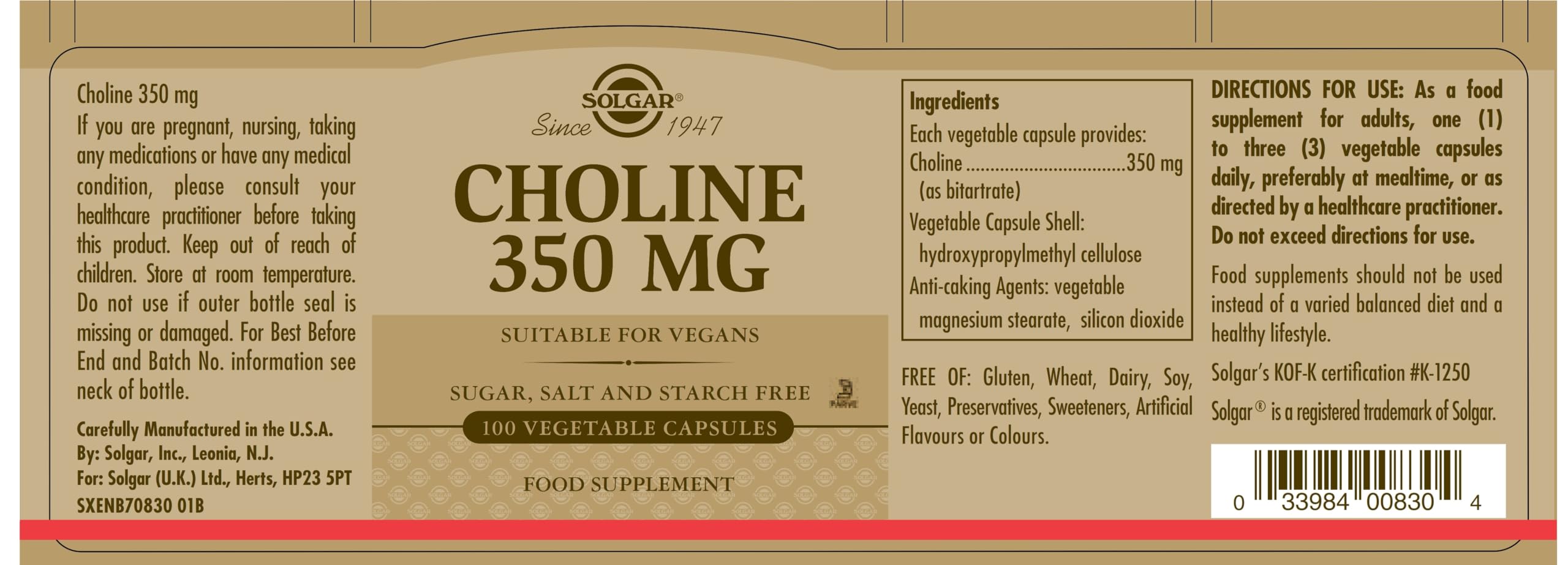 Solgar Choline supplement label details and nutrition facts