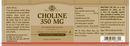 Solgar Choline supplement label details and nutrition facts