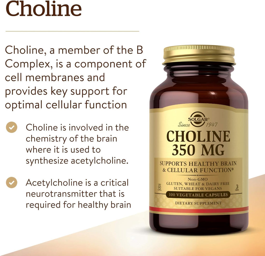 Solgar Choline brain and cellular support bottle side angle view