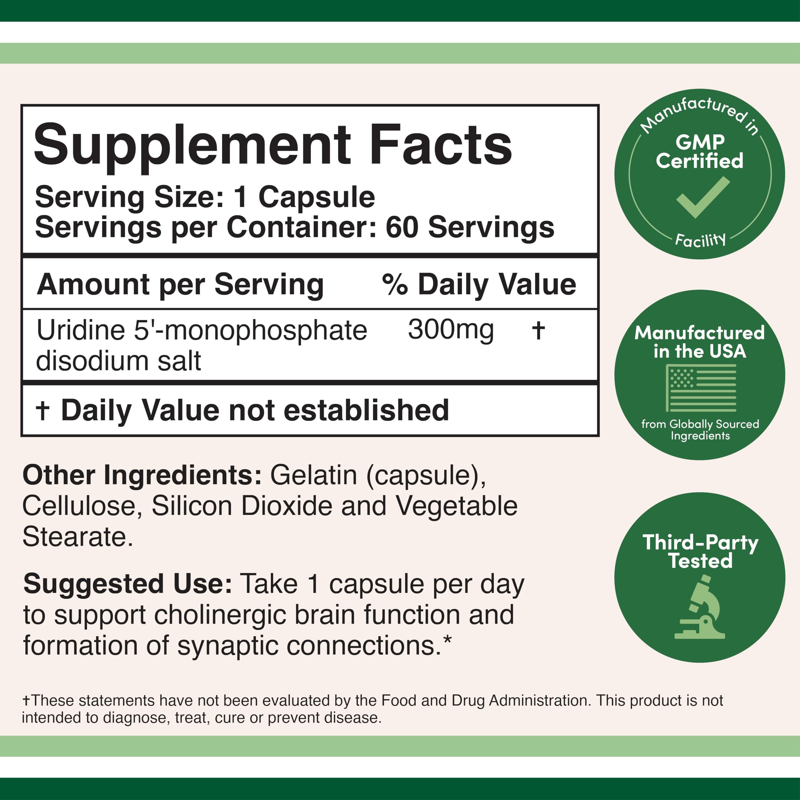 Double Wood Uridine 60 capsules supplement facts label