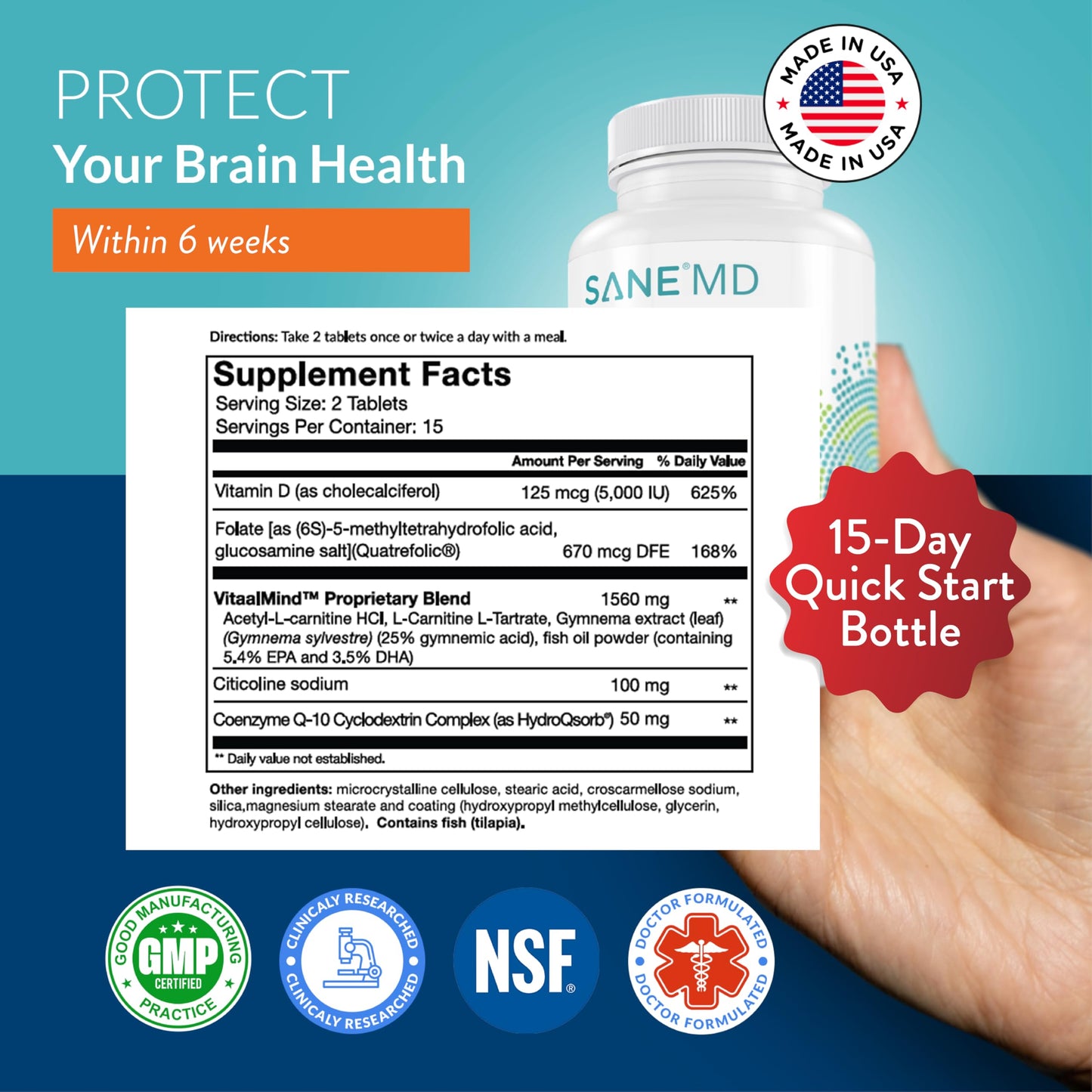 Sane MD Vitaae dietary supplement bottle label details