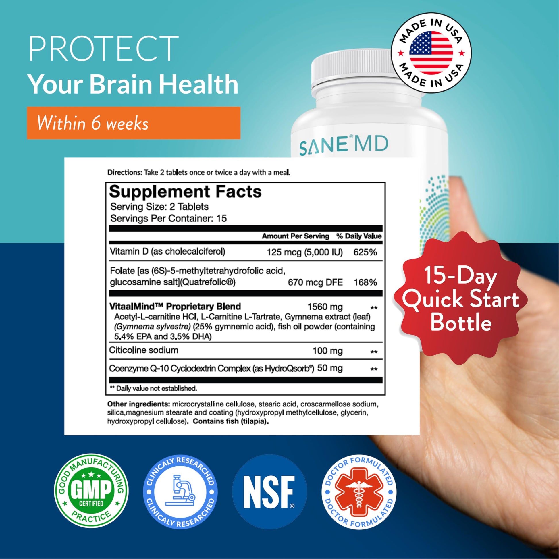 Sane MD Vitaae dietary supplement bottle label details