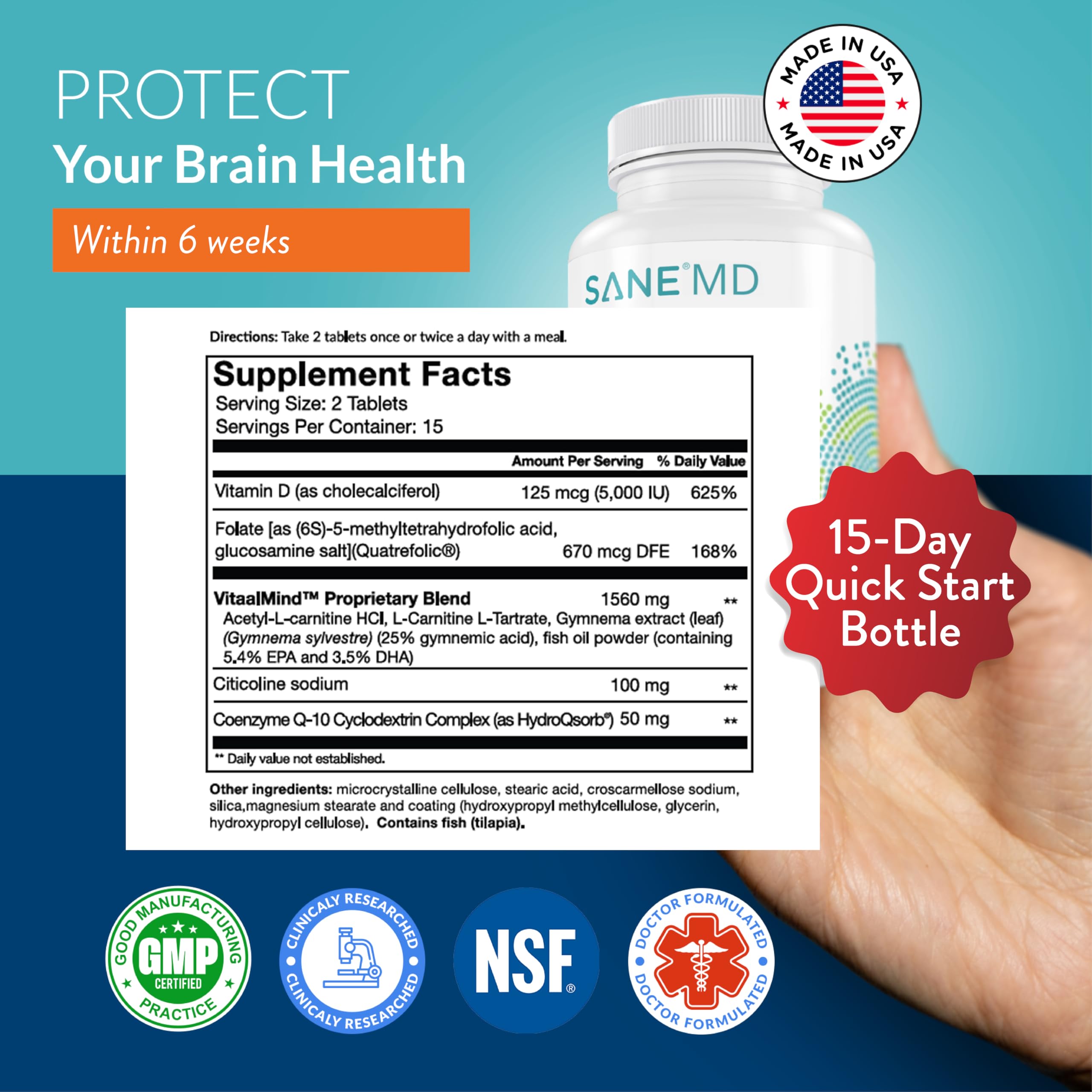 Sane MD Vitaae dietary supplement bottle label details