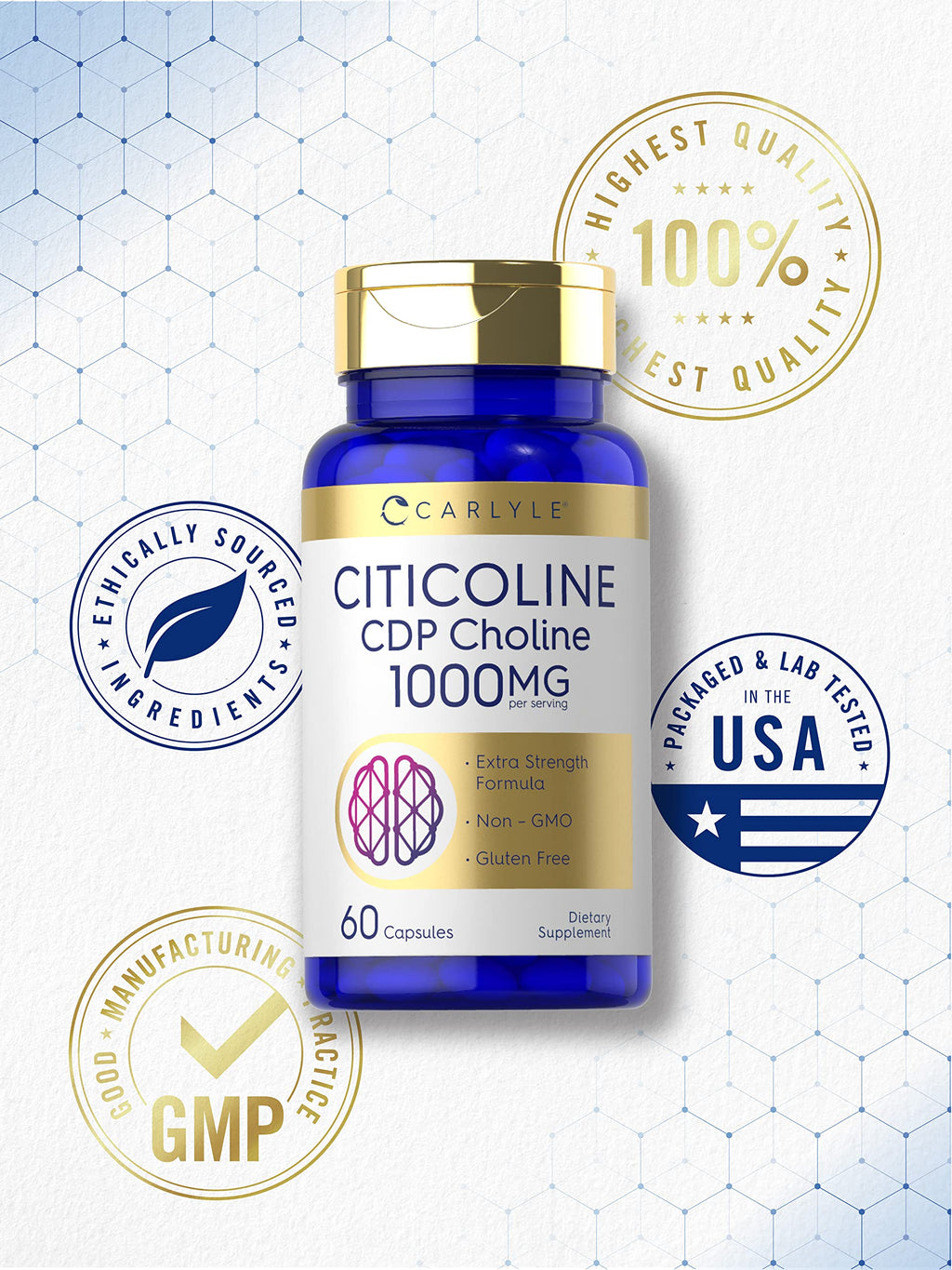 Close up of Carlyle extra strength citicoline gold cap and seal