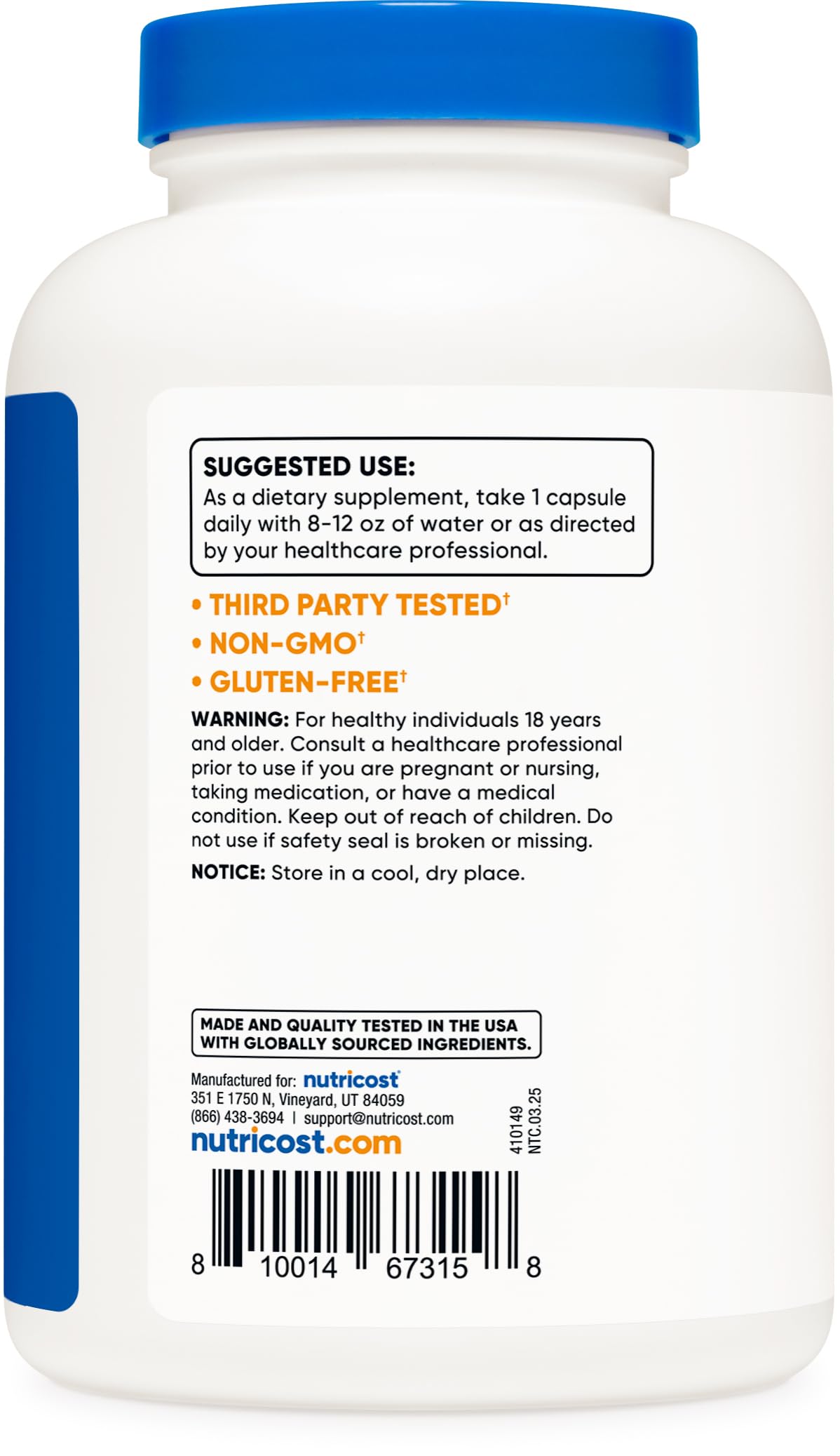 Nutricost Choline Bitartrate safety seal and cap detail