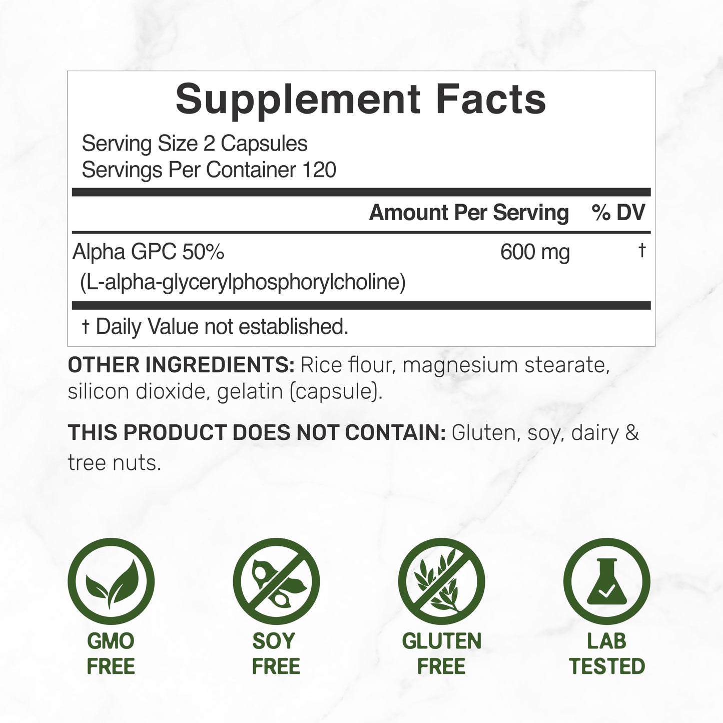 Deal Supplement Alpha GPC 600mg label showing serving size details