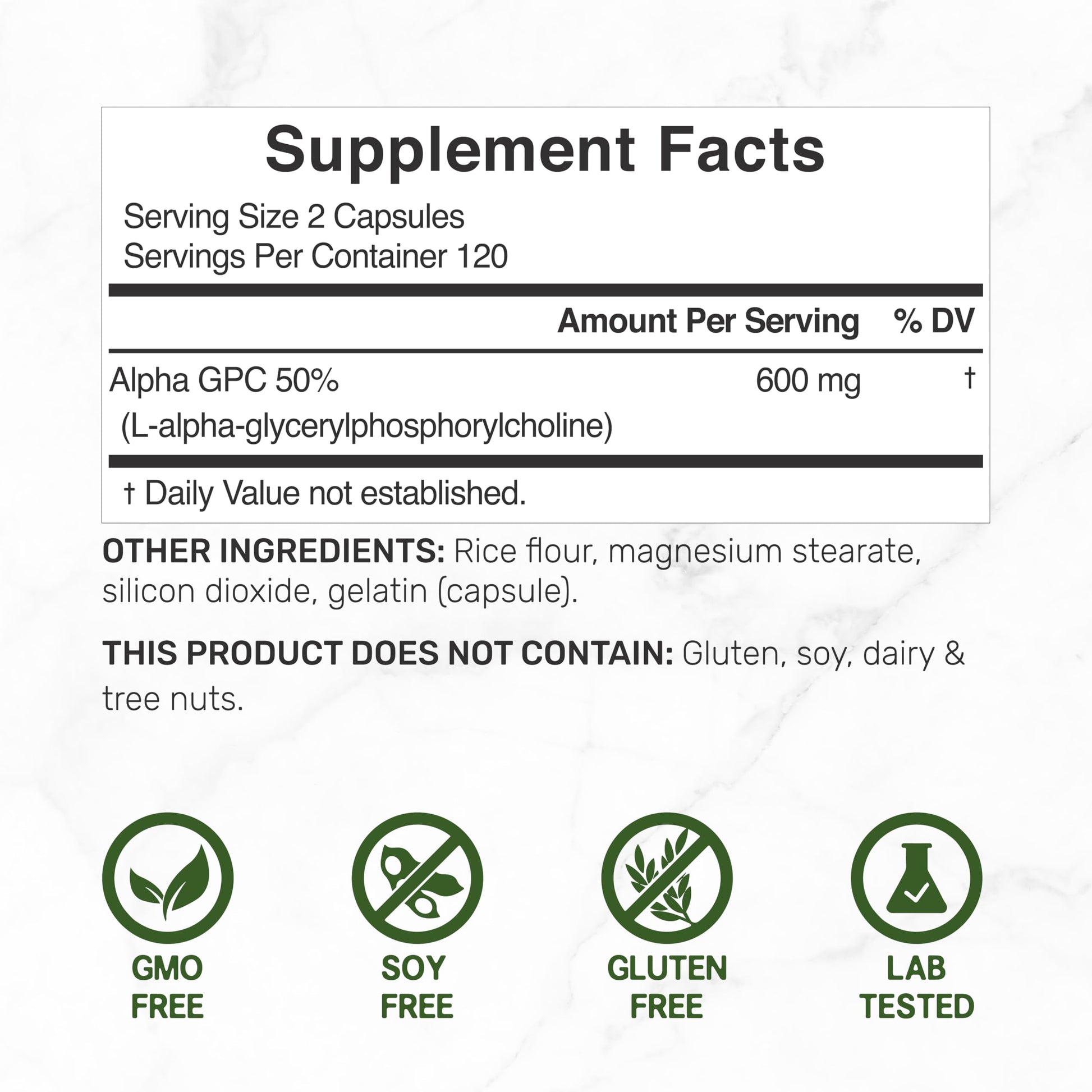Deal Supplement Alpha GPC 600mg label showing serving size details