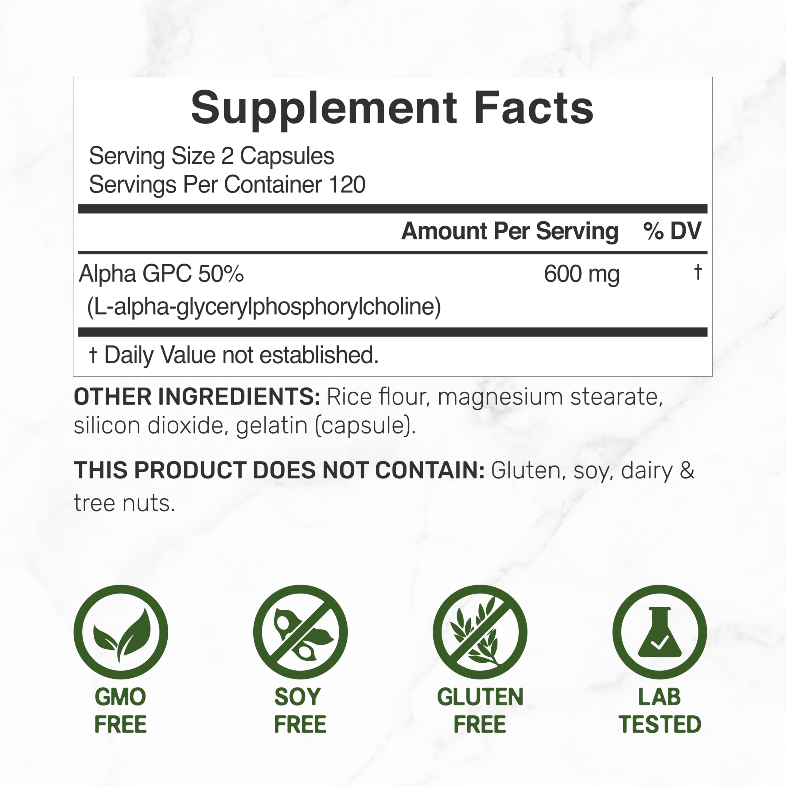 Deal Supplement Alpha GPC 600mg label showing serving size details