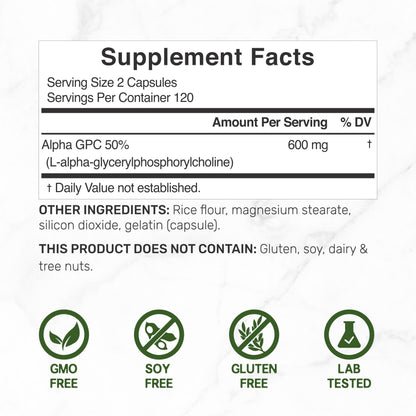 Deal Supplement Alpha GPC 600mg label showing serving size details