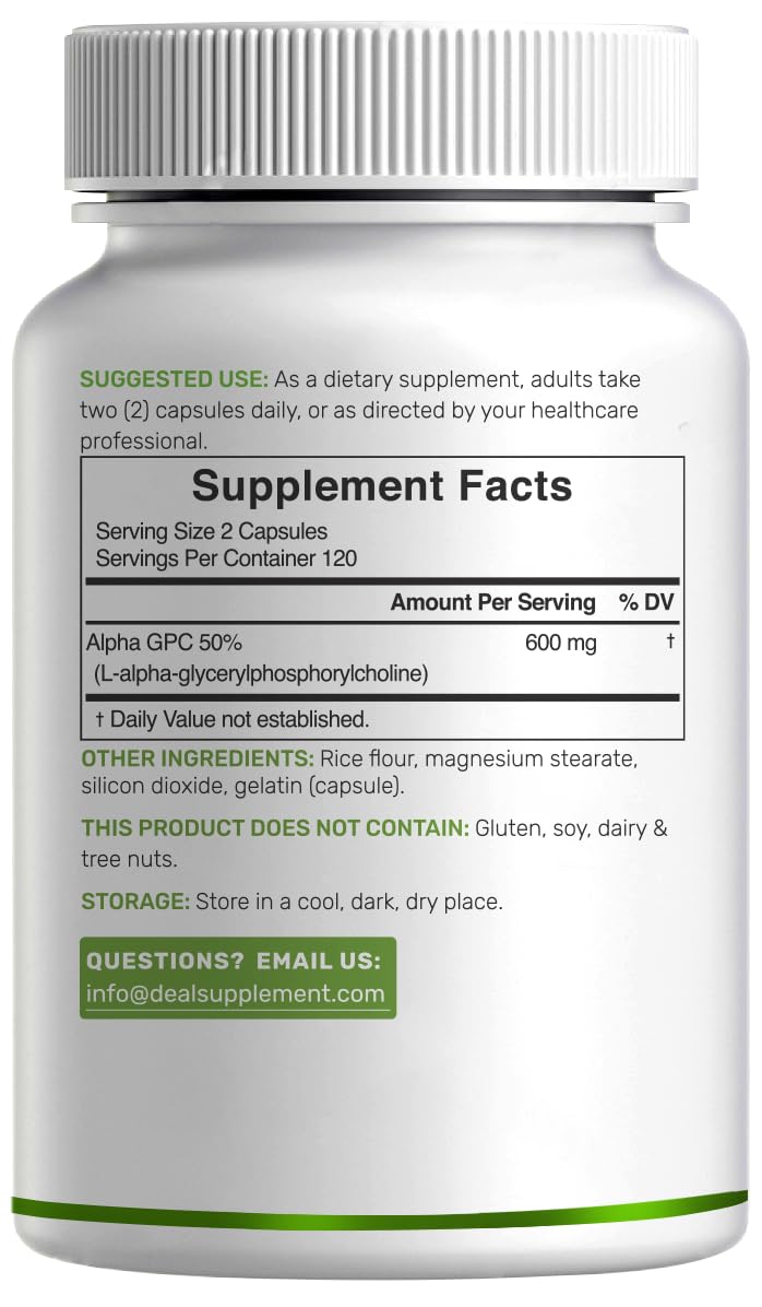 Deal Supplement Alpha GPC bottle with non-GMO and gluten-free certification logos