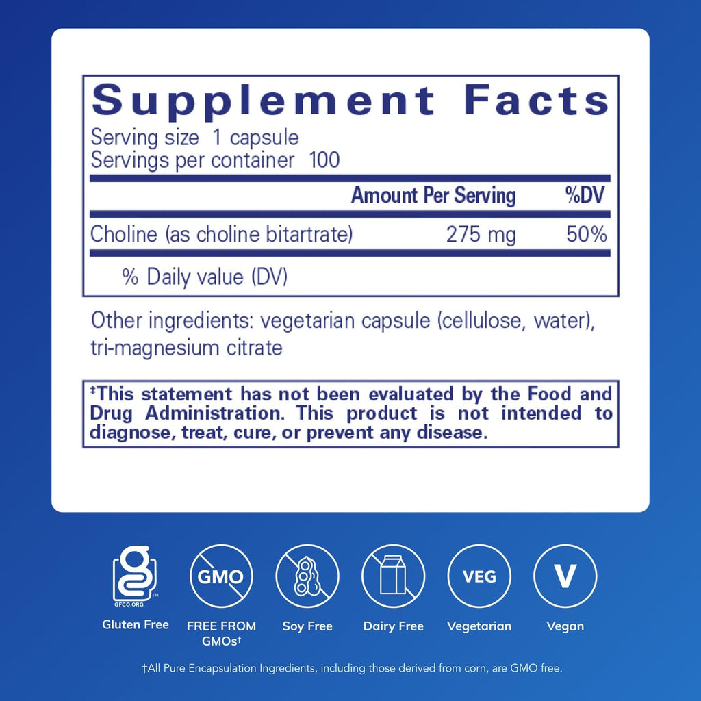 Pure Encapsulations Choline Bitartrate supplement facts label