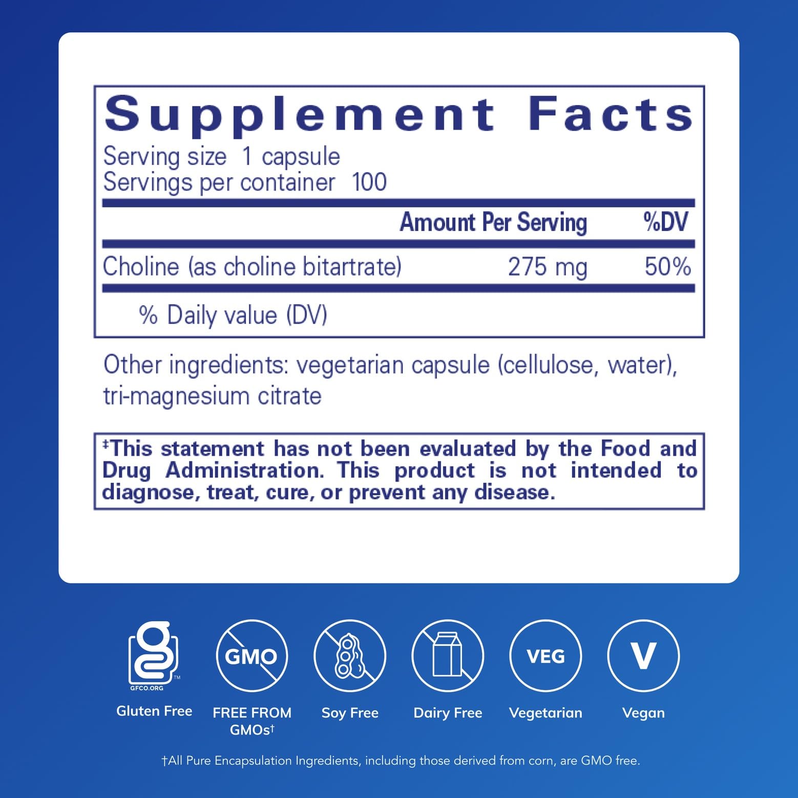 Pure Encapsulations Choline 100 capsules supplement bottle