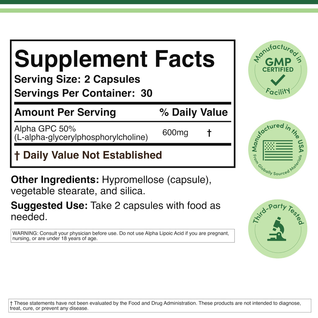 Double Wood Supplements Alpha GPC Choline supplement facts label