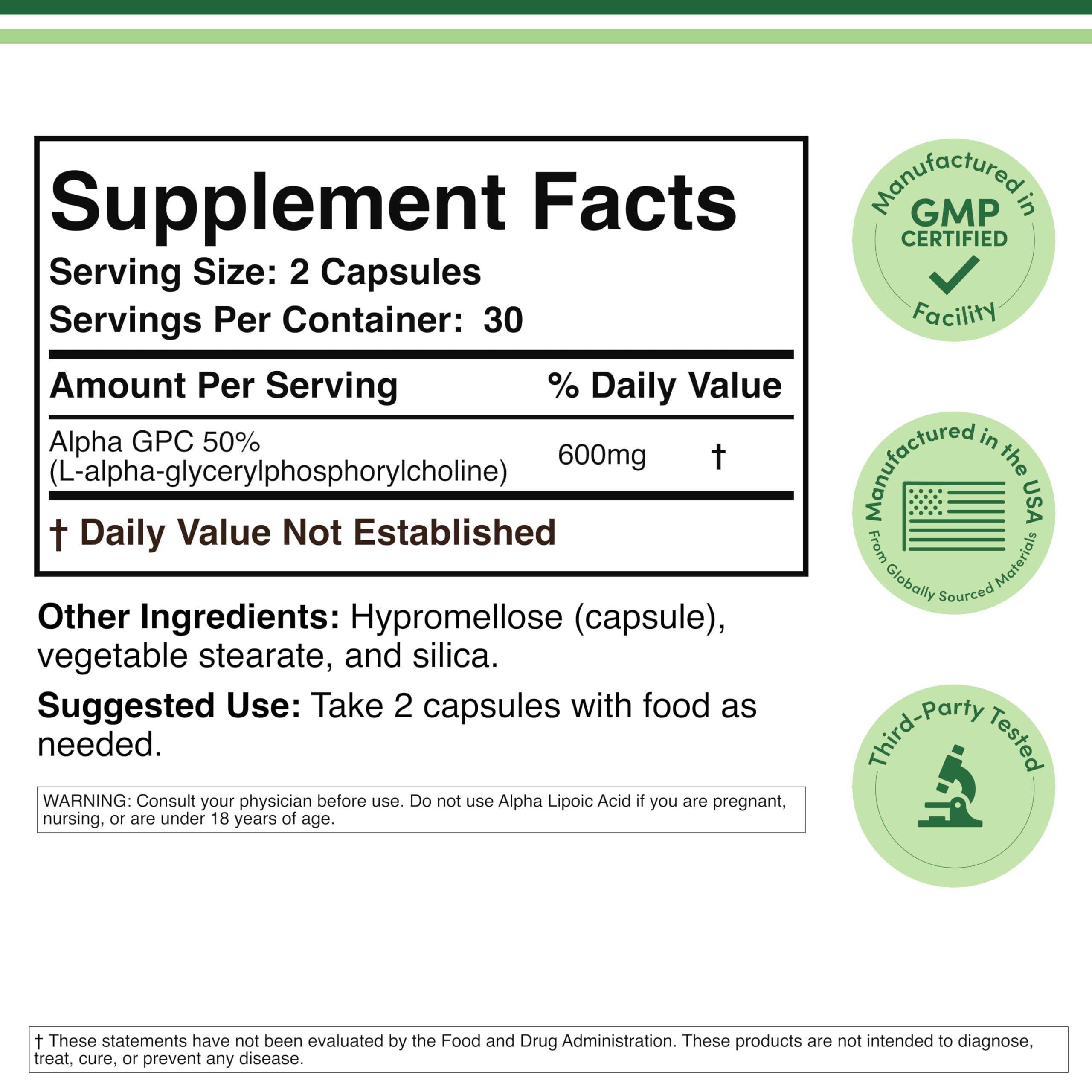 Double Wood Alpha GPC 600mg capsules label details