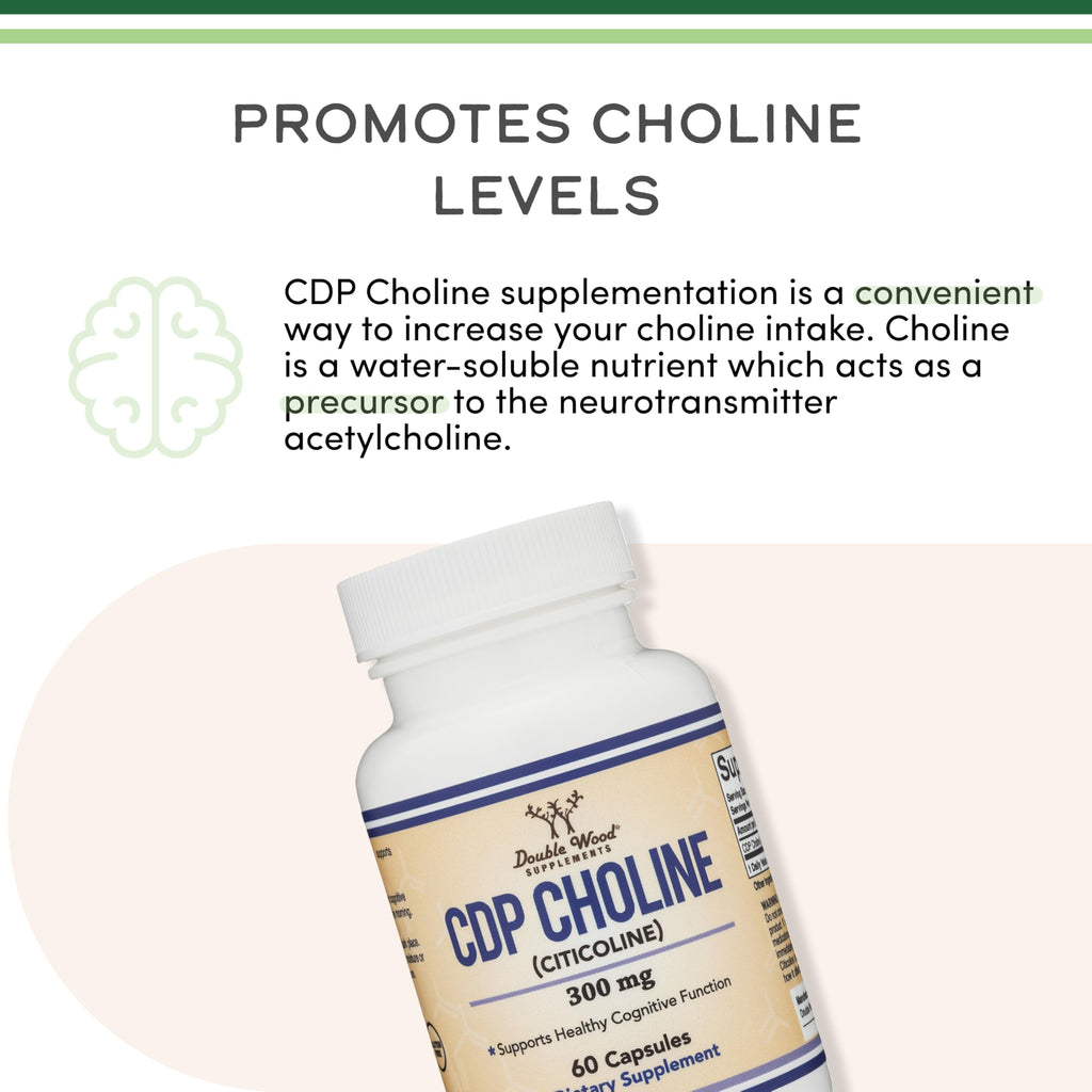 Double Wood Supplements CDP Choline bottle with loose capsules