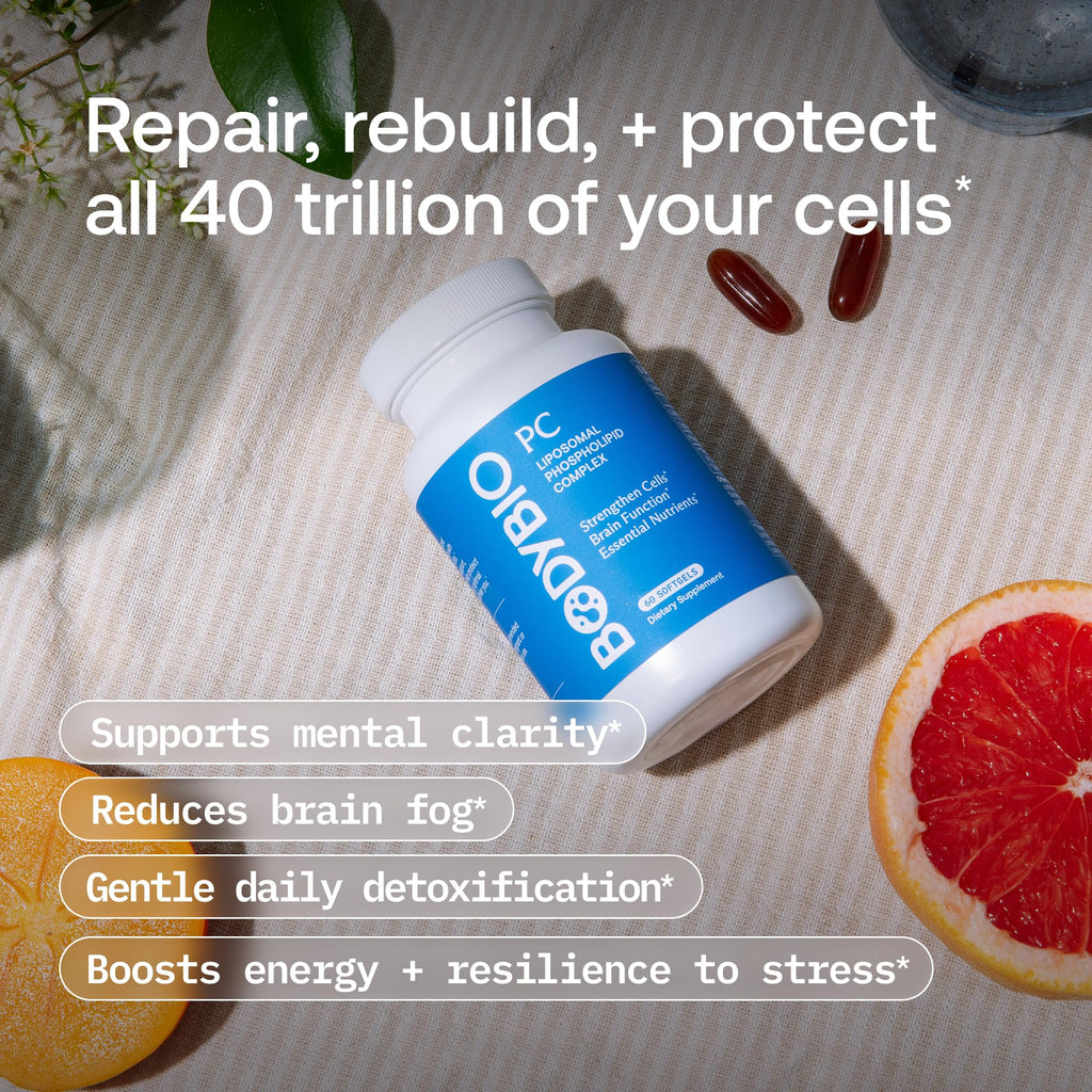 BodyBio PC softgels capsule close up texture display