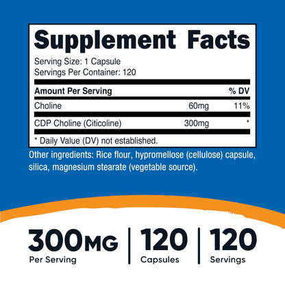 Nutricost Citicoline 120 vegetarian capsules dietary supplement nutritional facts label