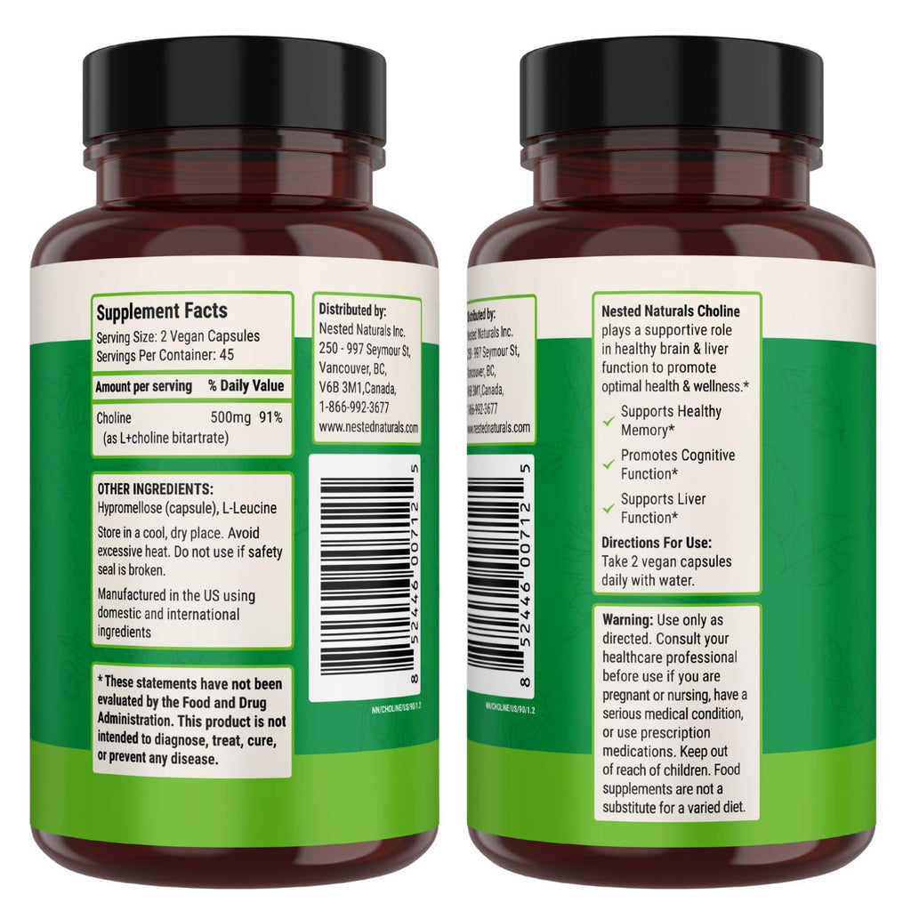 Nested Naturals authentic USA imported choline supplement full package view