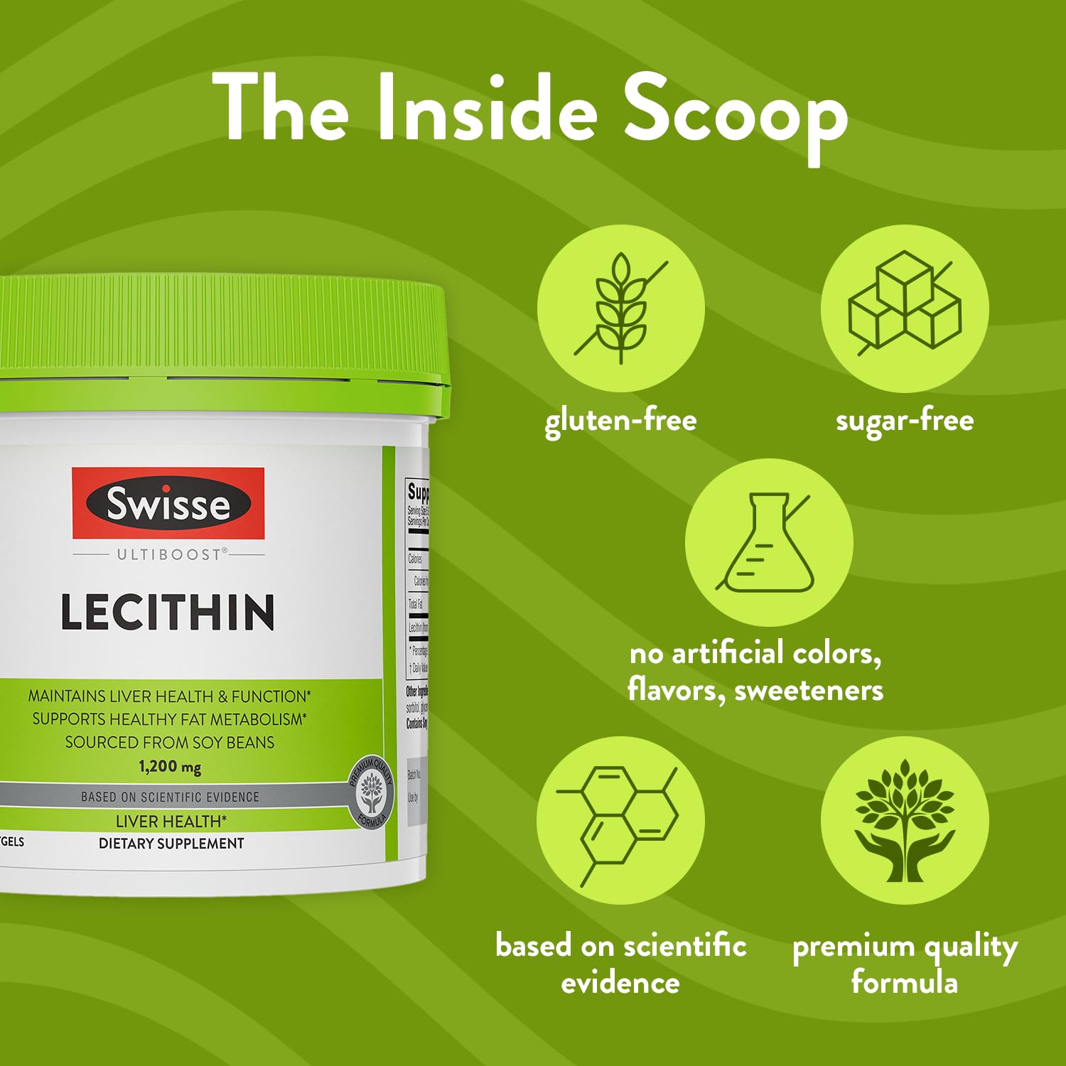 Back label view of Swisse lecithin 180 softgel capsules showing clear allergen warnings