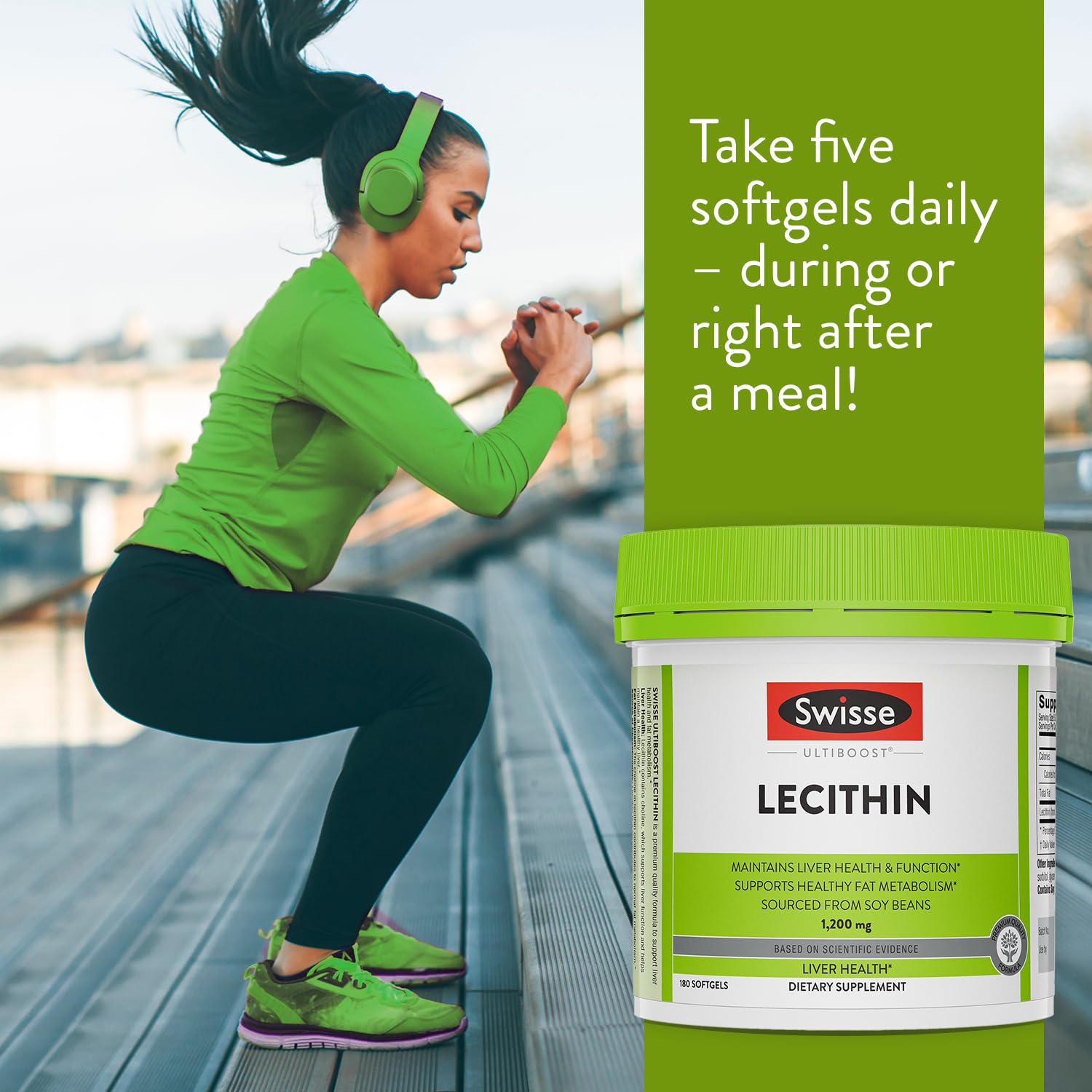 Swisse soy lecithin capsules side panel showcasing nutritional value facts and expiration details