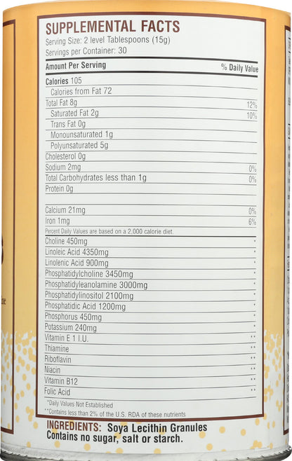 Back label of Fearn Natural Foods Soy Lecithin package highlighting nutritional profile and ninety-seven percent phosphatide content.