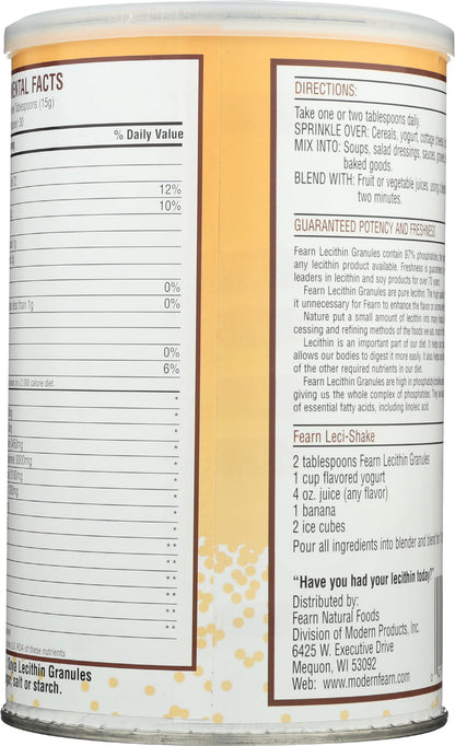 Fearn Lecithin Granules container displayed next to a fresh healthy breakfast smoothie bowl for serving suggestion.