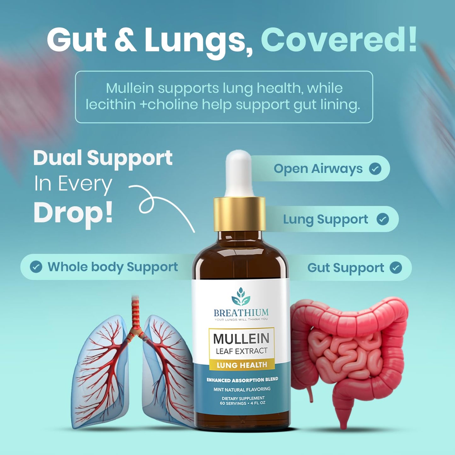 Breathium 4 in 1 lung detox supplement bottle highlighted against an eco friendly wellness background.