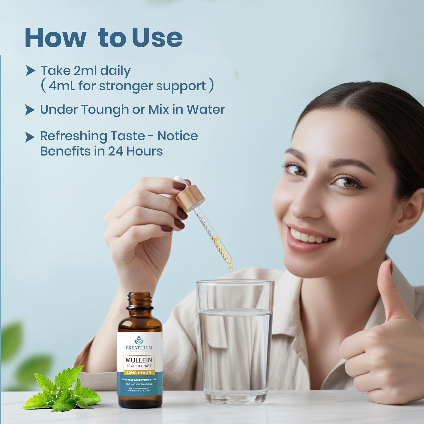 Authentic Breathium herbal supplement bottle illustrating how to mix the drops with water or smoothies.