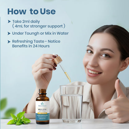 Authentic Breathium herbal supplement bottle illustrating how to mix the drops with water or smoothies.
