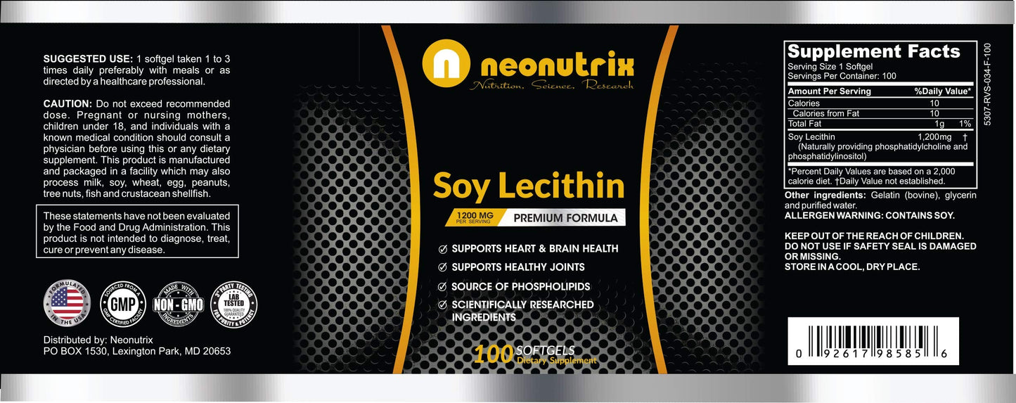Imported Neonutrix Soy Lecithin 1200mg package displaying safety seal and storage guidelines.