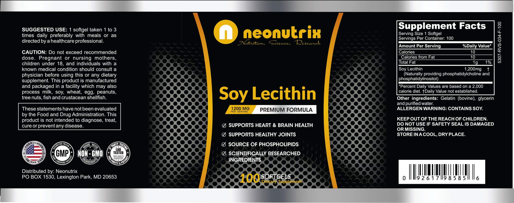 Imported Neonutrix Soy Lecithin 1200mg package displaying safety seal and storage guidelines.