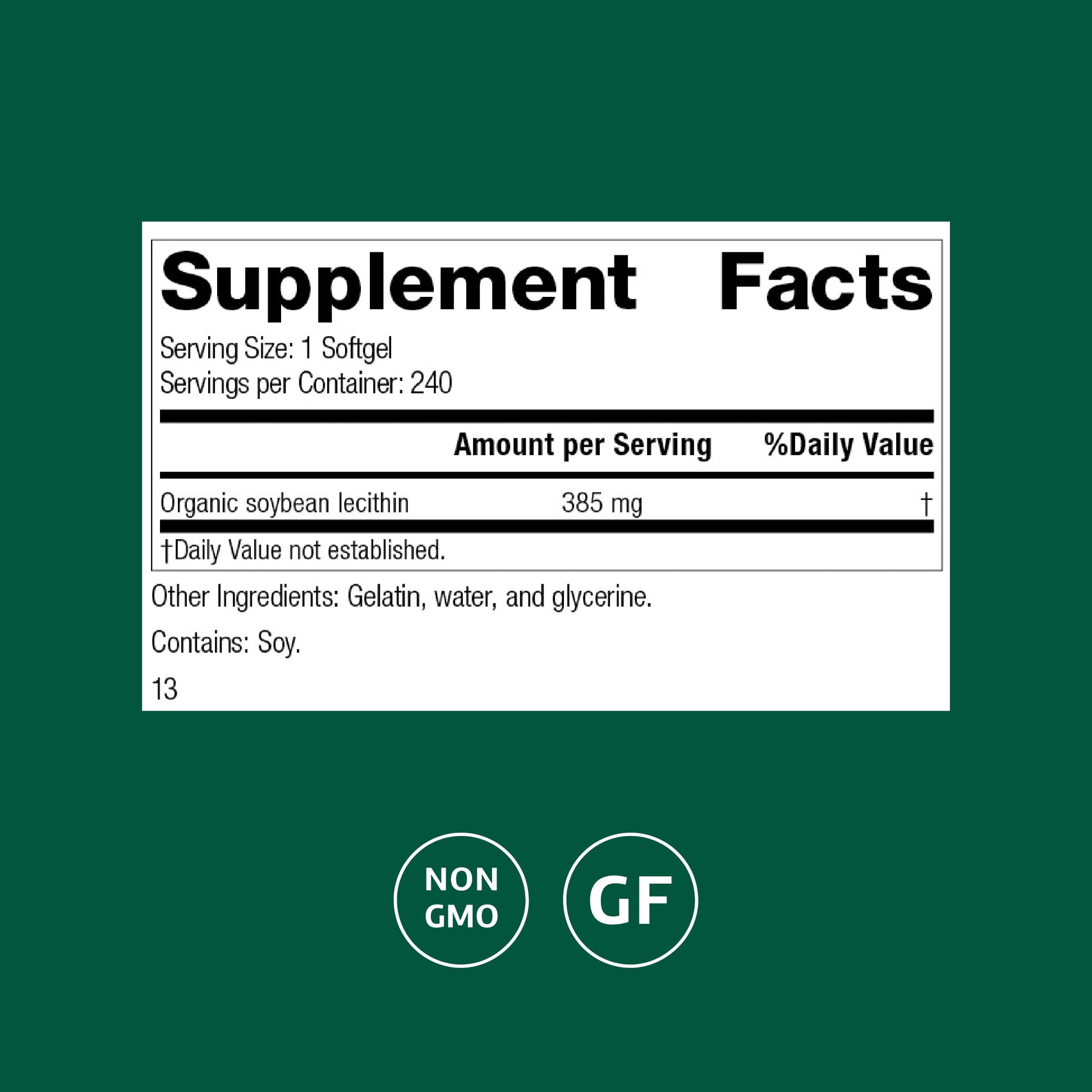 Standard Process Soybean Lecithin whole food nutritional supplement bottle displaying product facts