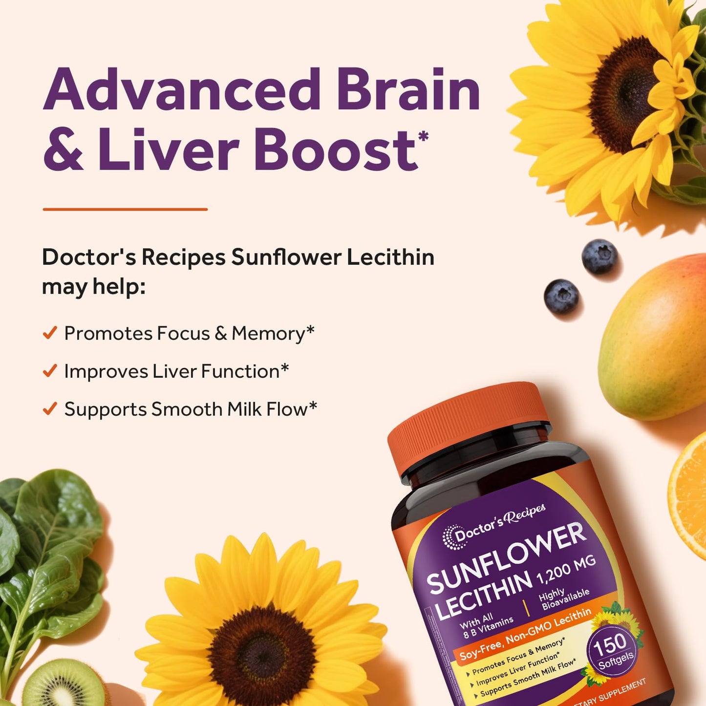Doctor's Recipes Sunflower Lecithin with full B complex formula highlighting nutritional facts and ingredient breakdown