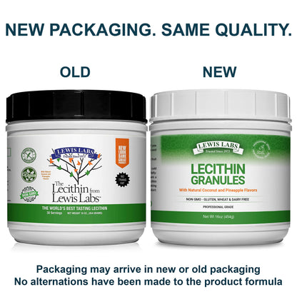 Lewis Labs Soy Lecithin Powder supplement container highlighting non-GMO and gluten-free certifications.