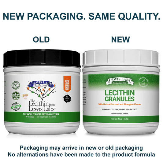 Lewis Labs Soy Lecithin Powder supplement container highlighting non-GMO and gluten-free certifications.