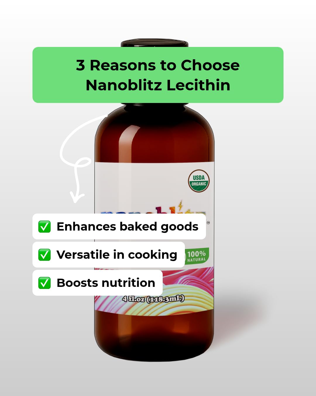 Nanoblitz plant based liquid nano emulsifier back label showing ingredients and directions for baking.