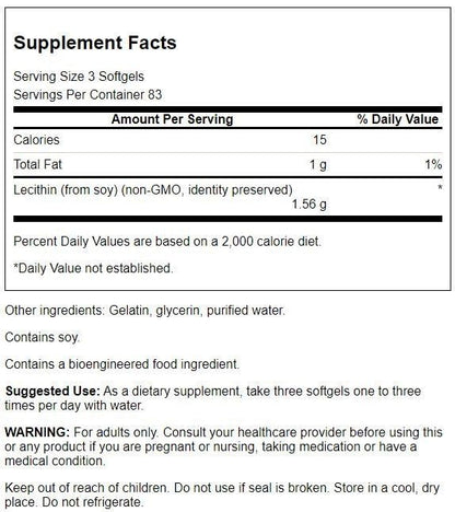 Swanson Vitamins Lecithin 250 softgels nutrition facts and ingredient label closeup