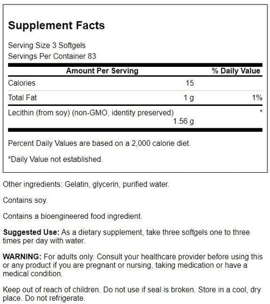 Swanson Vitamins Lecithin 250 softgels nutrition facts and ingredient label closeup