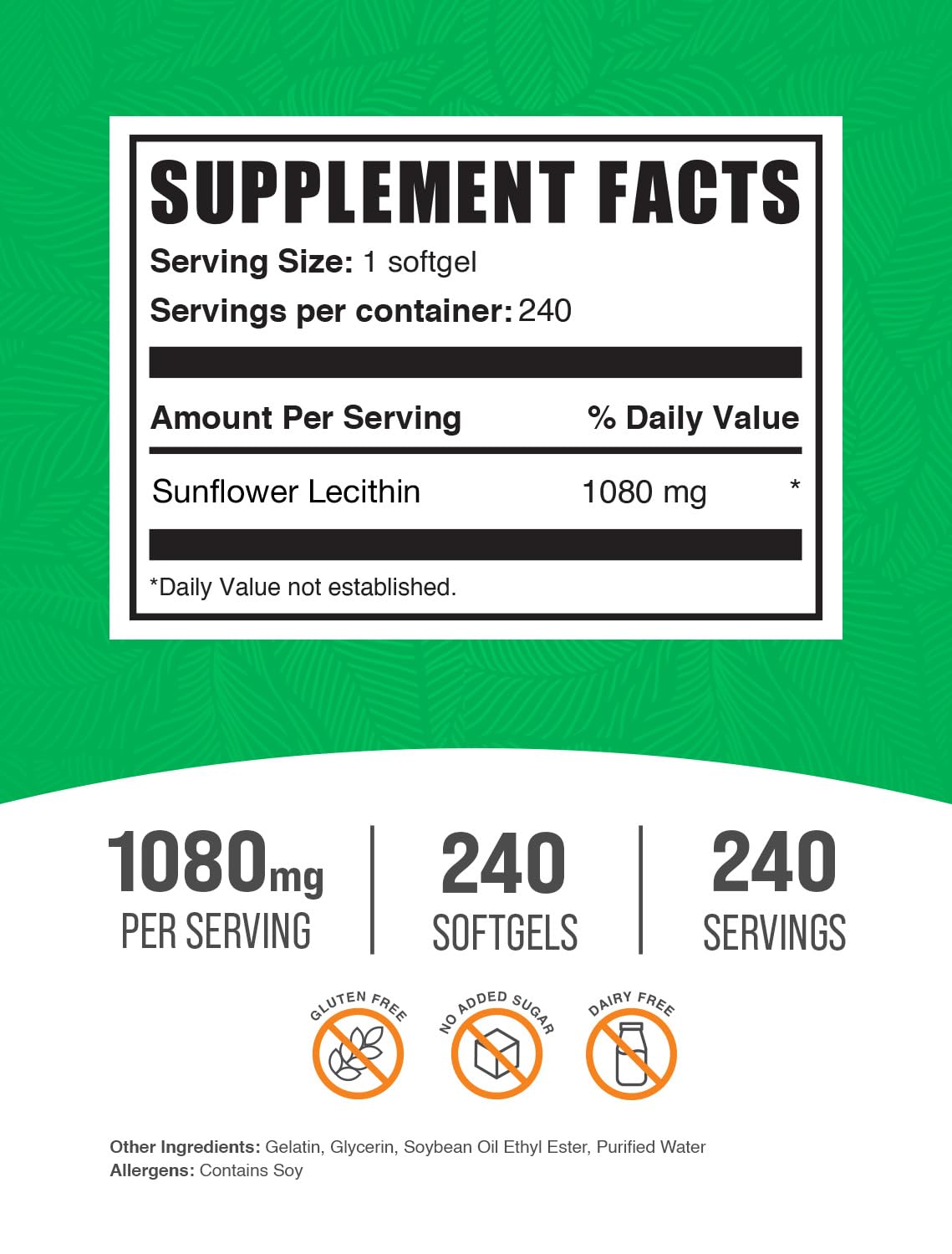 BulkSupplements non soy phospholipid supplement nutrition facts and ingredient list label view.
